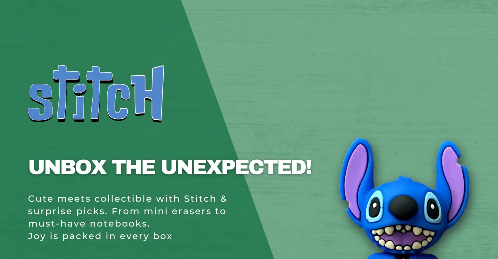 Cute Stitch-themed surprise box promotion featuring collectible erasers, notebooks, and school supplies at Librairie Reflexion.