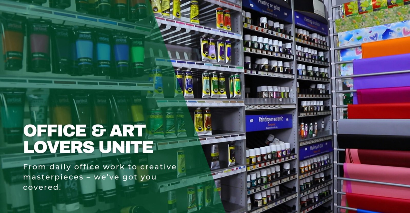 Shelves filled with paint tubes, inks, and craft paper at Librairie Reflexion, your go-to store for office and art supplies.